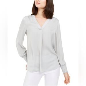 Alfani Womens Smocked V -Neck Pullover Top silver size small